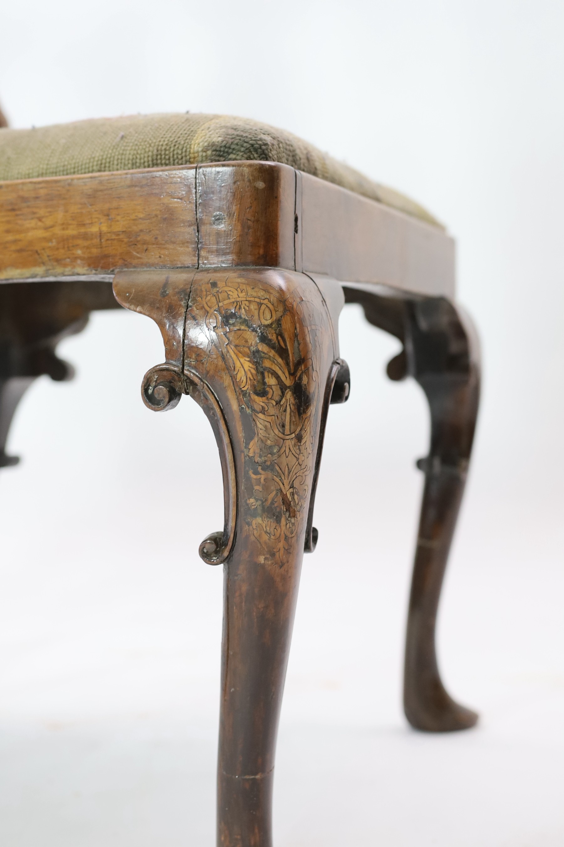 A pair of George I walnut and marquetry side chairs, c.1720, Restorations